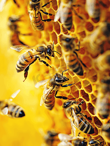 六边形图案摄影照片_近距离观察蜂巢内工作的蜜蜂