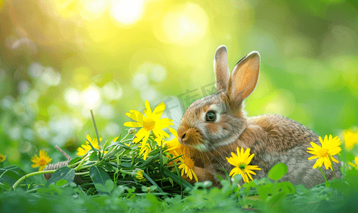 绿色自然背景中一束黄色花朵的可爱姜兔