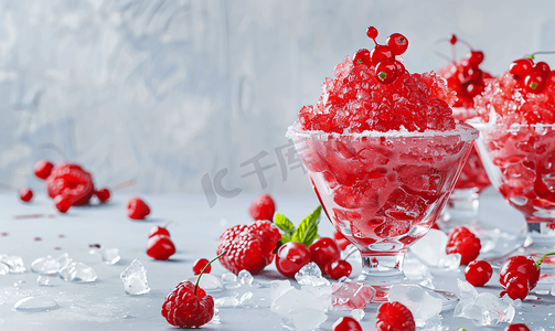 冰雪女神摄影照片_桌上玻璃杯中的红色刨冰雪锥配有糖浆和糖果垂直视图