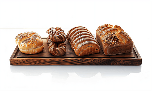 白色背景木板上不同的新鲜面包