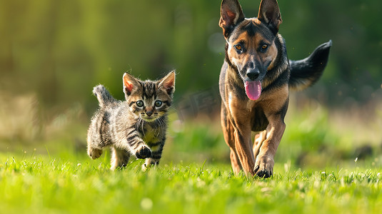 猫咪奔跑摄影照片_公园草地上小狗和猫咪高清摄影图