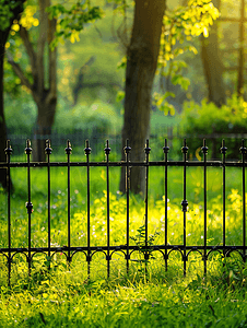 花园的栅栏背景摄影照片_公园里的金属栅栏俯瞰着一片绿草如茵的空地