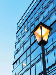 企业企业墙摄影照片_装有现代路灯的玻璃办公楼一角