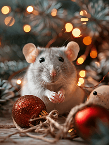 装修中摄影照片_木质背景上圣诞装饰中的宠物鼠
