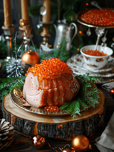 美食背景装饰摄影照片_圣诞烤火腿和红鱼子酱放在旧木桌上