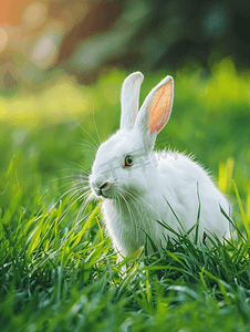 绿色草地上的白色毛茸茸的兔子复活节兔子绿色草地上的小美丽野兔