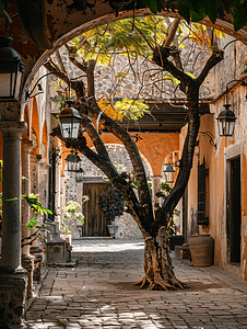 树剪影摄影照片_背景中一栋老建筑中的干树一座带有墨西哥古董灯的拱门