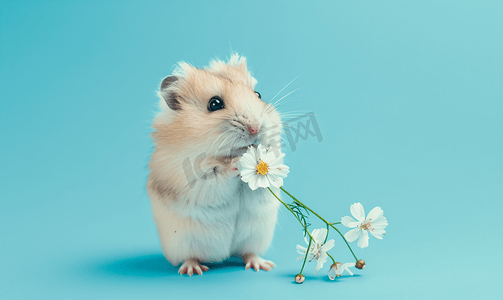 蓝色背景中带有花朵的可爱毛茸茸的仓鼠