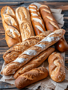木质背景上不同类型的长棍面包