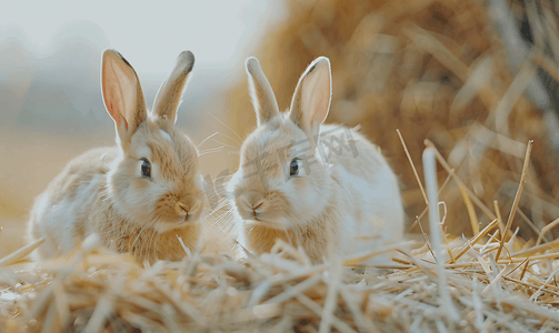 卡通可爱动物摄影照片_可爱的兔子坐在农场吃干草