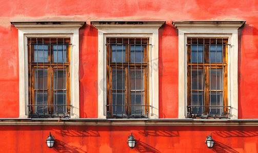 建筑物的红色正面有木窗上面有铁条