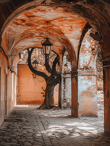 墨西哥自然摄影照片_背景中一栋老建筑中的干树一座带有墨西哥古董灯的拱门