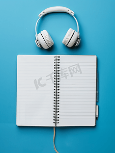 耳机打开笔记本音乐概念顶视图蓝色复制空间