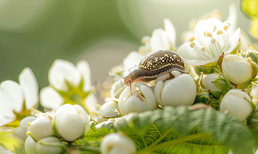 覆盆子上的小蛞蝓靠近白色的花丛