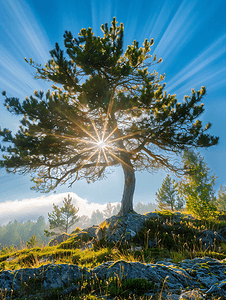 太阳光效果和山中的松树