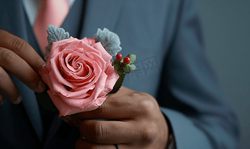 胸花新娘摄影照片_新郎将粉红玫瑰胸花别在他的夹克上