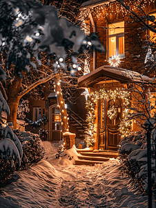 灯光景摄影照片_晚上有圣诞装饰的房子