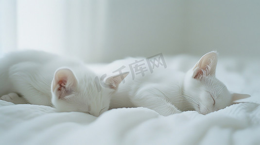 两只小猫在床上睡觉摄影图