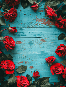 蓝色花卉边框摄影照片_木制蓝色背景上的红玫瑰呈框架状