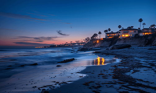 日落黄昏后的加州海滩