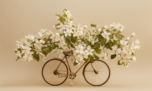 米色背景中一辆老式纪念自行车上一棵苹果树的白花