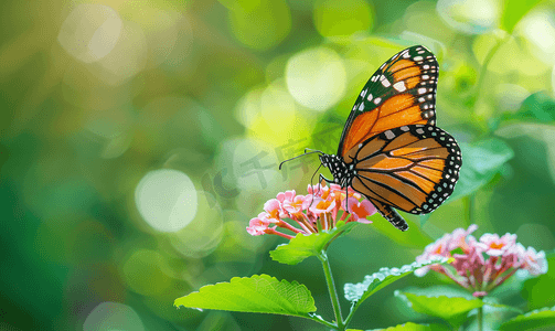 动物飞摄影照片_绿色自然中开花花上的蝴蝶