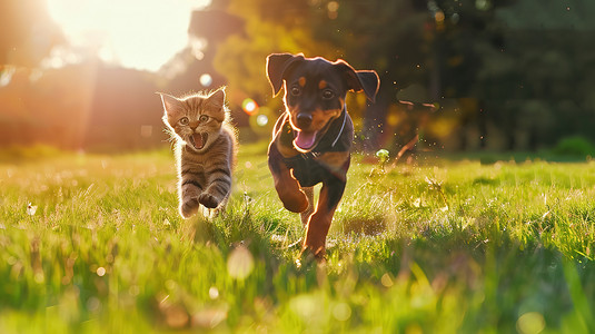 猫咪奔跑摄影照片_公园草地上小狗和猫咪高清摄影图
