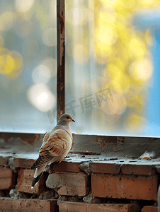 鸟筑巢摄影照片_哀鸽栖息在砖窗台上
