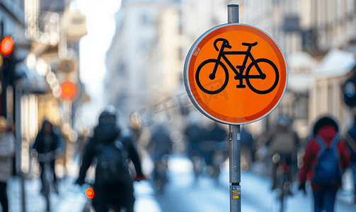 拥挤的街道上印有自行车图片的路标允许骑自行车