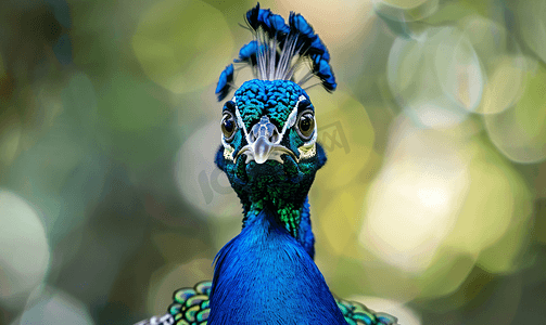 蓝色孔雀摄影照片_模糊背景下邮件孔雀的美丽肖像