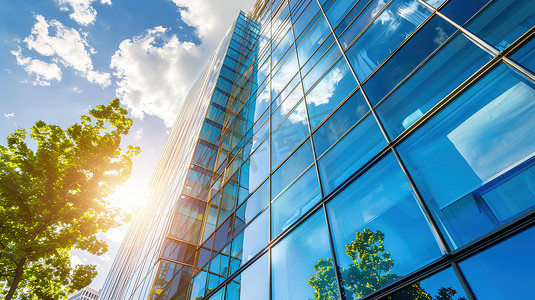 现代城市中的环保玻璃办公楼高清图片