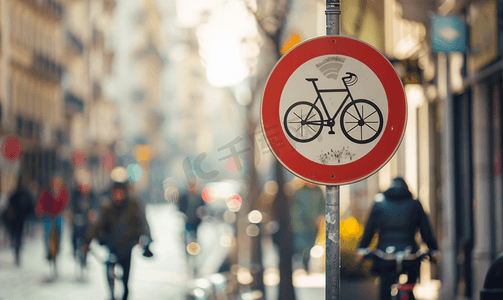 拥挤的街道上印有自行车图片的路标允许骑自行车