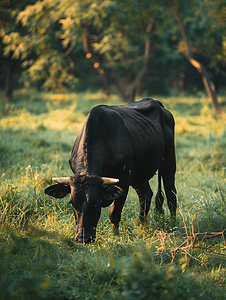 黑绿背景摄影照片_一头黑牛在绿草田里吃草