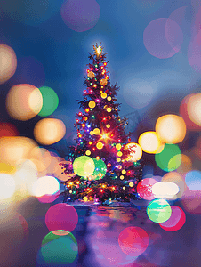 抽象模糊的圣诞树与散景光背景