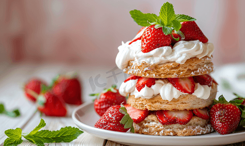 红色小草莓摄影照片_夏季草莓饼干或脆饼