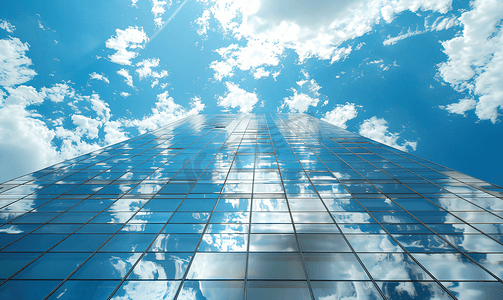 劳动现代摄影照片_镜面建筑天空将反射在建筑物的玻璃上现代建筑