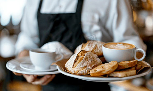 拿着咖啡杯摄影照片_在餐厅为客人服务时服务员拿着装有面包和一杯咖啡的盘子