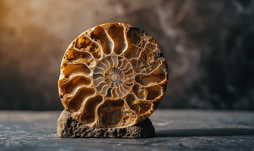 深色背景中抛光的菊石化石
