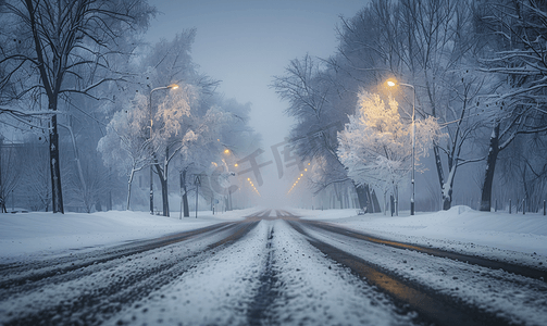 阴冬日积雪覆盖的城市道路