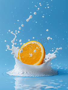 牛奶飞溅液体摄影照片_橙子落入牛奶飞溅中蓝色背景中突显