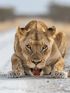 埃托沙摄影照片_纳米比亚埃托沙绿色大草原路上的母狮