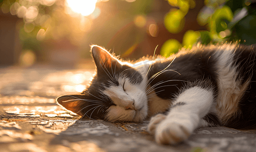 黑色和白色的小猫在阳光下休息