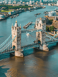 伦敦泰晤士河摄影照片_从泰晤士河南岸鸟瞰伦敦市中心的塔桥