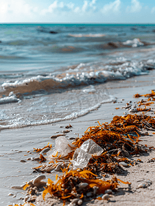 红海吉达摄影照片_墨西哥垃圾污染非常恶心的红海藻萨尔加索海滩