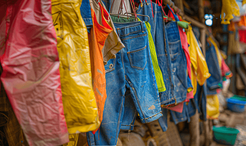 塑料袋上的多种颜色和跳蚤市场支架上挂着的一排牛仔裤