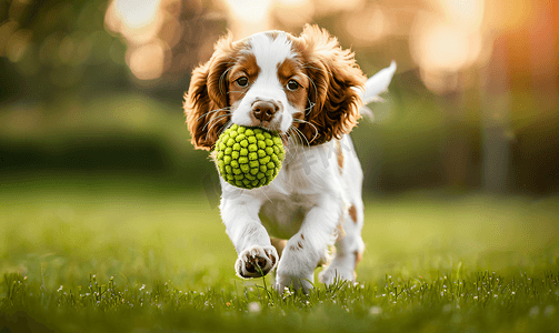 可爱的西班牙猎犬小狗叼着球奔跑