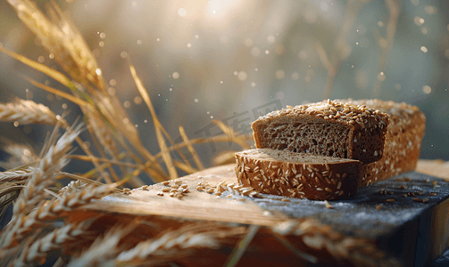 木材染色摄影照片_木桌上的面包和小麦浅景深