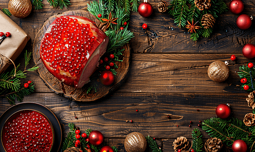 美食背景装饰摄影照片_圣诞烤火腿和红鱼子酱放在旧木桌上平躺顶视图