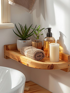 浴室置物架图标摄影照片_浴室木制角架浅色木质色调摄影图