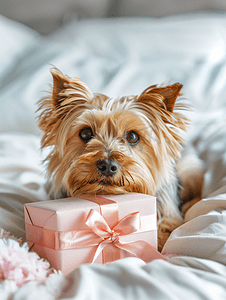 礼盒惊喜摄影照片_可爱的小狗躺在床上手里拿着粉色礼盒